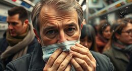 Eine Person ist krank bei der Arbeit. Ansteckungsgefahr